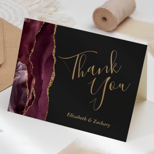 Burgundy Agate Gold Dark Wedding Thank You Card