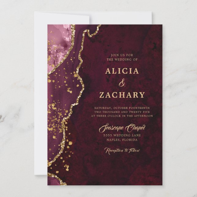 Burgundy Agate Gold Elegant Wedding Invitation (Front)