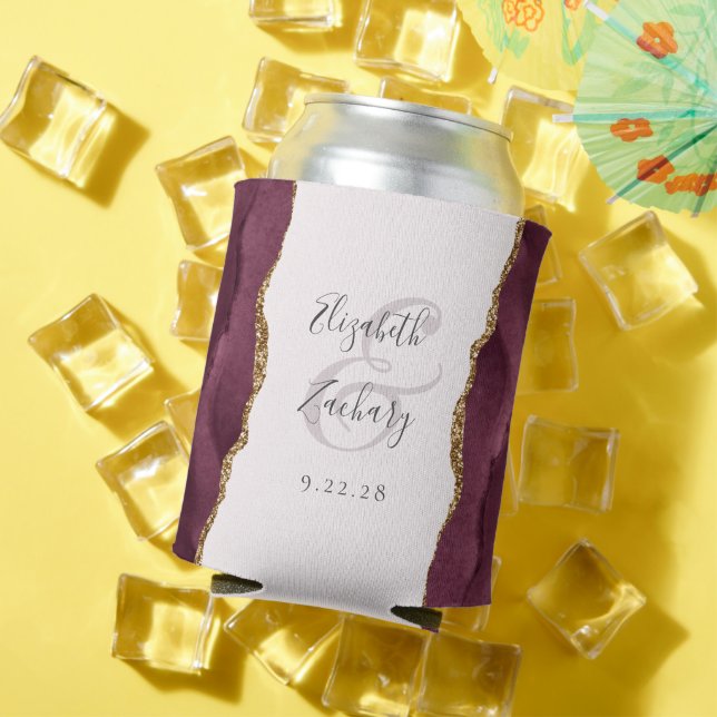 Burgundy Agate Gold Faux Glitter Blush Wedding Can Cooler (In Situ Summer)