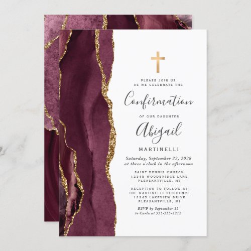  Burgundy Agate Gold Glitter Confirmation Invitation