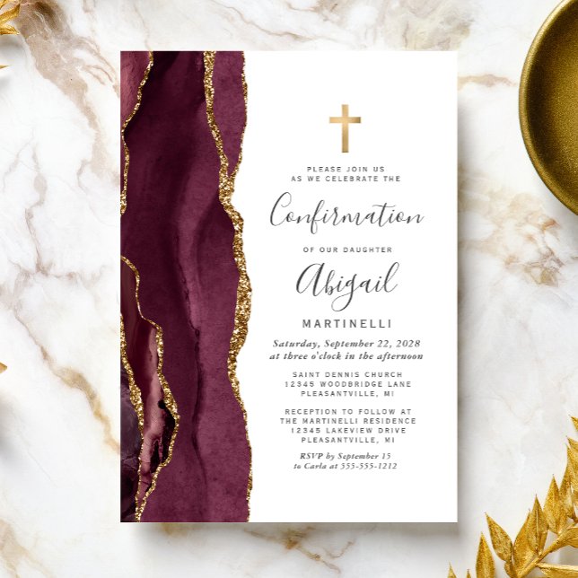  Burgundy Agate Gold Glitter Confirmation Invitation (Creator Uploaded)