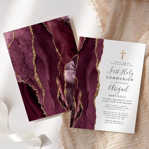  Burgundy Agate Gold Glitter First Holy Communion Invitation