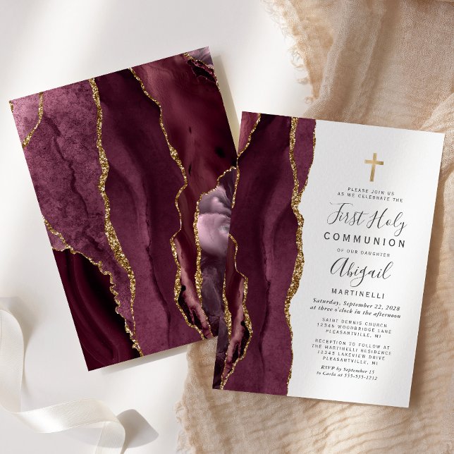  Burgundy Agate Gold Glitter First Holy Communion Invitation (Creator Uploaded)