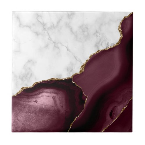 Burgundy Agate Gold Glitter White Marble Ceramic Tile