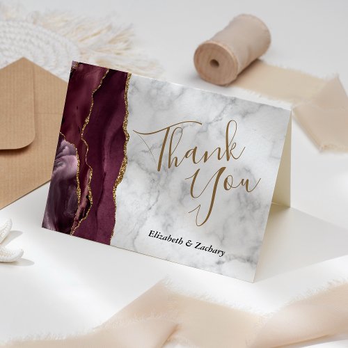 Burgundy Agate Gold Gray Marble Wedding Thank You Card
