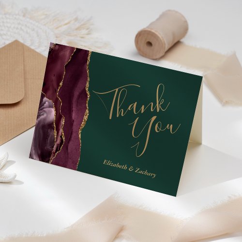 Burgundy Agate Gold Green Wedding Thank You Card