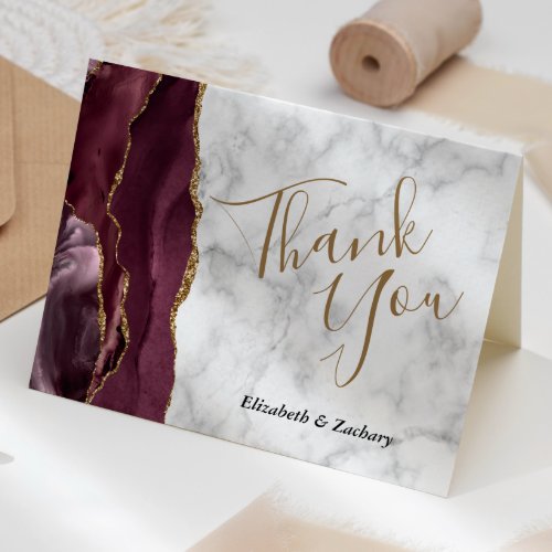 Burgundy Agate Gold Marble Wedding Thank You Card