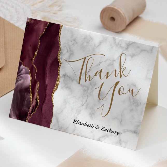 Burgundy Agate Gold Marble Wedding Thank You Card (Creator Uploaded)
