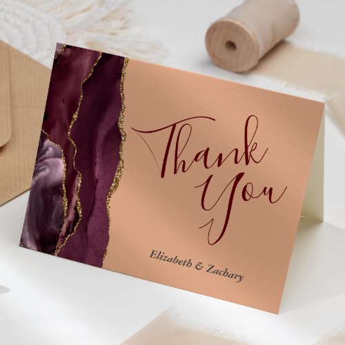 Burgundy Agate Gold Peach Wedding Thank You Card