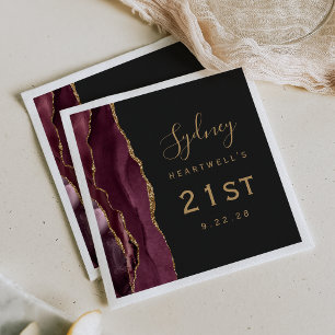 Burgundy Agate Gold Script Dark 21st Birthday Napkins