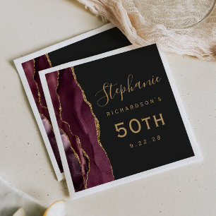 Burgundy Agate Gold Script Dark 50th Birthday Napkins