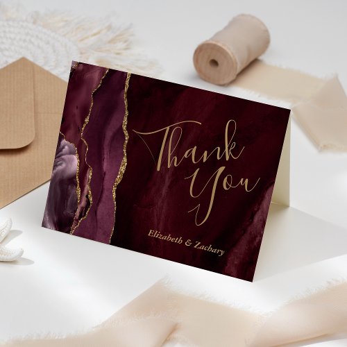 Burgundy Agate Gold Wedding Thank You Card