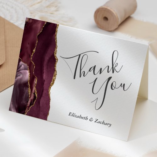 Burgundy Agate Gold Wedding Thank You Card