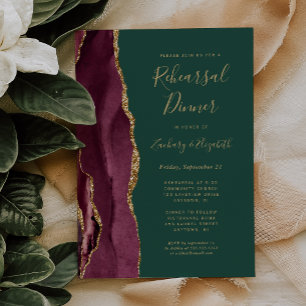 Burgundy Agate Green Wedding Rehearsal Dinner Invitation