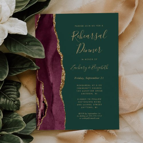  Burgundy Agate Green Wedding Rehearsal Dinner Invitation