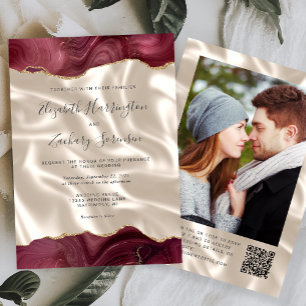 Burgundy Agate Ivory Silk Photo QR Code Wedding Invitation