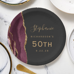 Burgundy Agate Marble Gold Dark 50th Birthday Paper Plates
