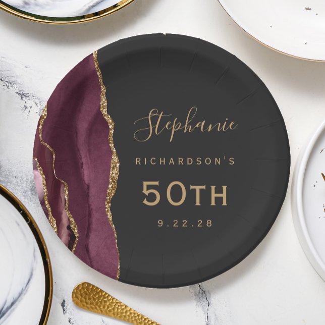Burgundy Agate Marble Gold Dark 50th Birthday Paper Plates (Creator Uploaded)