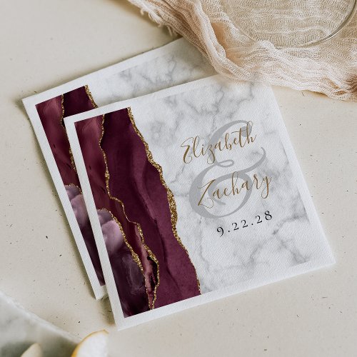 Burgundy Agate Marble Gold Script Wedding Napkins