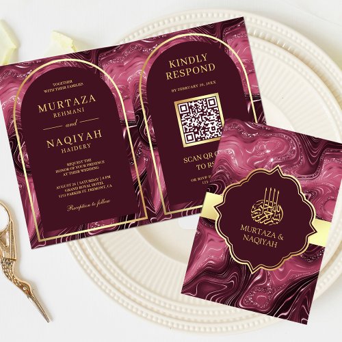 Burgundy Agate Marble QR Code Muslim Wedding Invitation