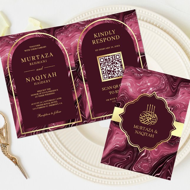 Burgundy Agate Marble QR Code Muslim Wedding Invitation (Creator Uploaded)