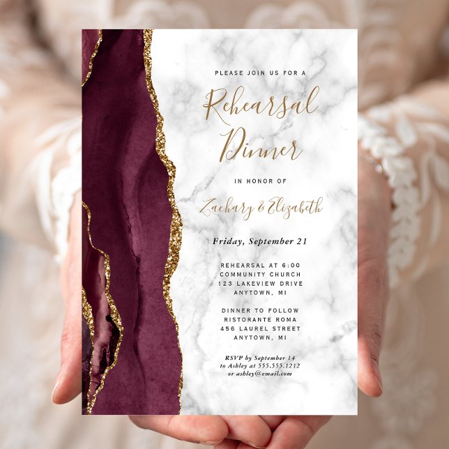  Burgundy Agate Marble Wedding Rehearsal Dinner Invitation (Creator Uploaded)