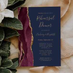  Burgundy Agate Navy Blue Wedding Rehearsal Dinner Invitation