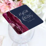 Burgundy Agate Script Silver Navy Blue Wedding Square Paper Coaster<br><div class="desc">This elegant modern wedding coaster features a burgundy red watercolor agate geode design trimmed with faux silver glitter. Easily customize the silver gray text on a navy blue background,  with the couple's names in handwriting calligraphy over a large ampersand.</div>