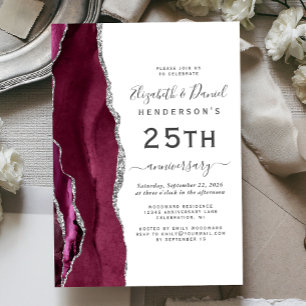 Burgundy Agate Silver 25th Anniversary Invitation
