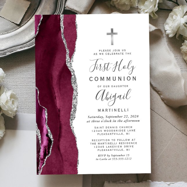 Burgundy Agate Silver Glitter First Holy Communion Invitation (Creator Uploaded)