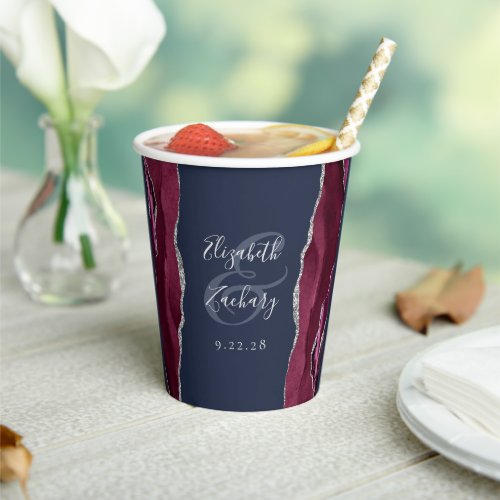 Burgundy Agate Silver Glitter Navy Blue Wedding Paper Cups