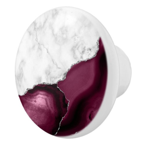 Burgundy Agate Silver Glitter White Marble Ceramic Knob