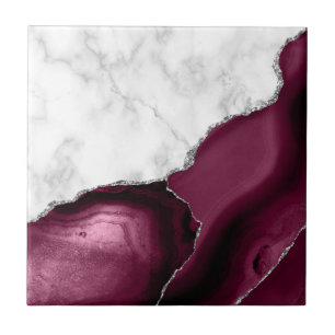 Burgundy Agate Silver Glitter White Marble Ceramic Tile