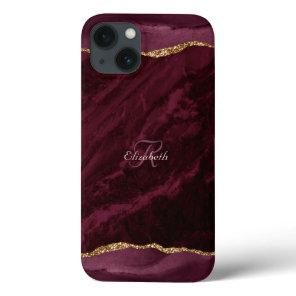 Burgundy Agate Watercolor Gold Monogram  iPhone 13 Case