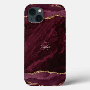 Burgundy Agate Watercolor Gold Monogram iPhone 13 Case