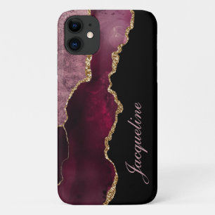 Burgundy Agate Watercolor Modern Gold Personalized iPhone 11 Case