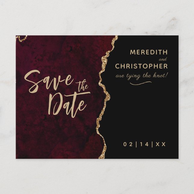 Burgundy Agate Wedding Save the Date Announcement Postcard (Front)
