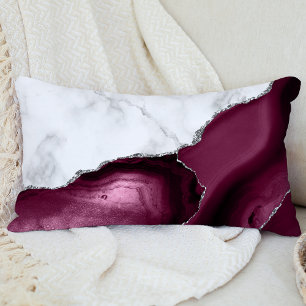 Burgundy Agate White Marble Silver Glitter Lumbar Pillow