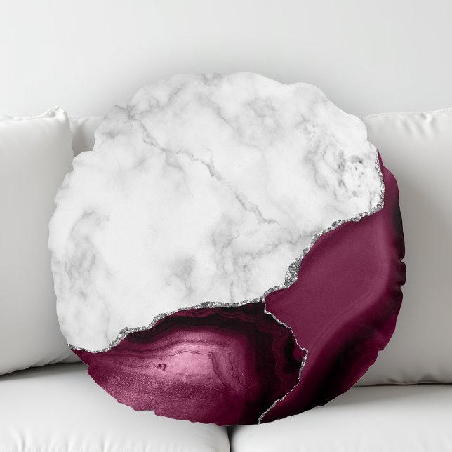Burgundy Agate White Marble Silver Glitter Round Pillow (Creator Uploaded)