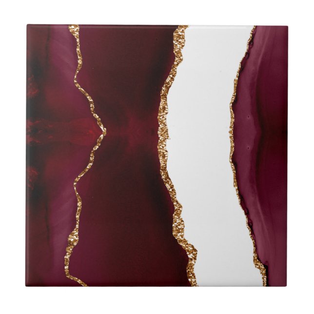 Burgundy Agate with Gold Glitter Veins Ceramic Tile (Front)