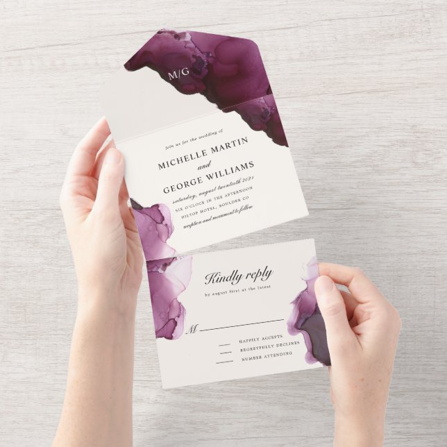 Burgundy Alcohol Ink Texture wedding  All In One Invitation (Tearaway)