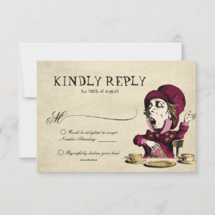 Burgundy Alice in Wonderland Mad Hatter Wedding RSVP Card