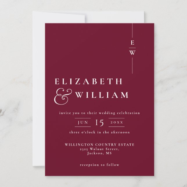 Burgundy All In One Modern Monogram Wedding Invitation (Front)