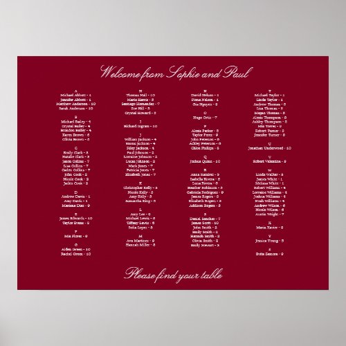 Burgundy Alphabetical Seating Chart Poster