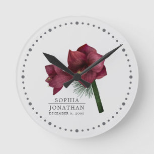 Burgundy Amaryllis Floral Bride Groom Keepsake Round Clock