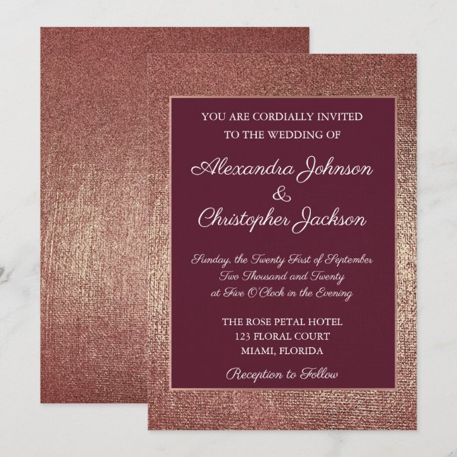 Burgundy amd Rose Gold Foil Fabric Wedding Invitation (Front/Back)