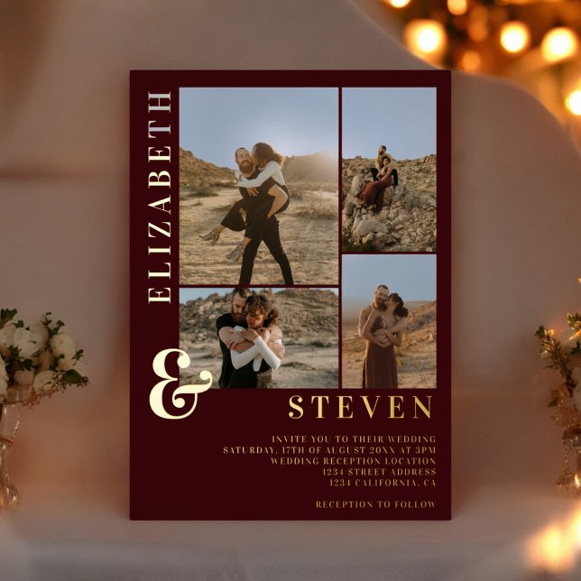 Burgundy ampersand 4 photo grid wedding gold foil invitation (Burgundy ampersand 4 photo grid wedding gold foil invitation)