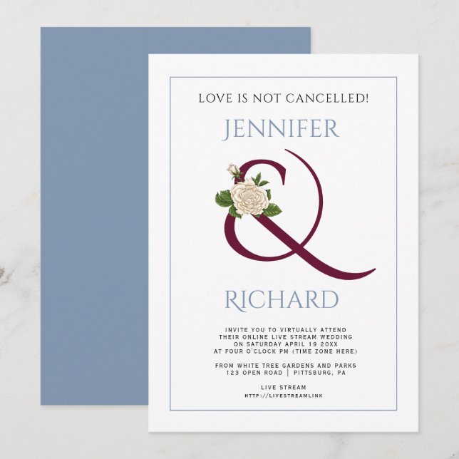 Burgundy ampersand rose dusty blue virtual wedding invitation (Front/Back)