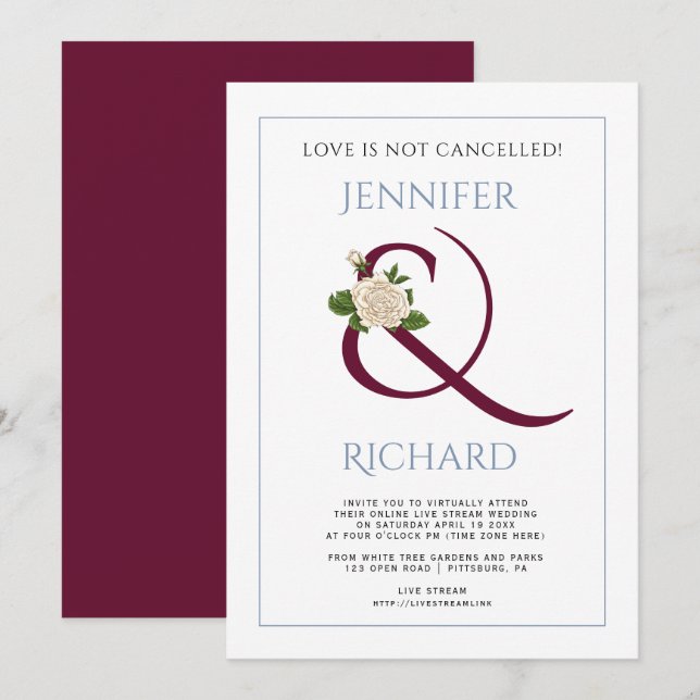 Burgundy ampersand rose dusty blue virtual wedding invitation (Front/Back)