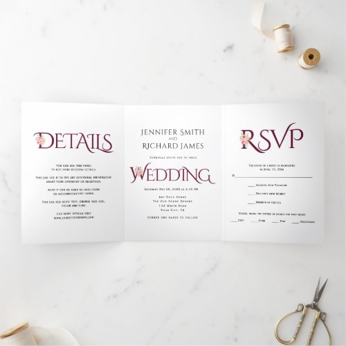 Burgundy ampersand with pink roses wedding Tri_Fold invitation